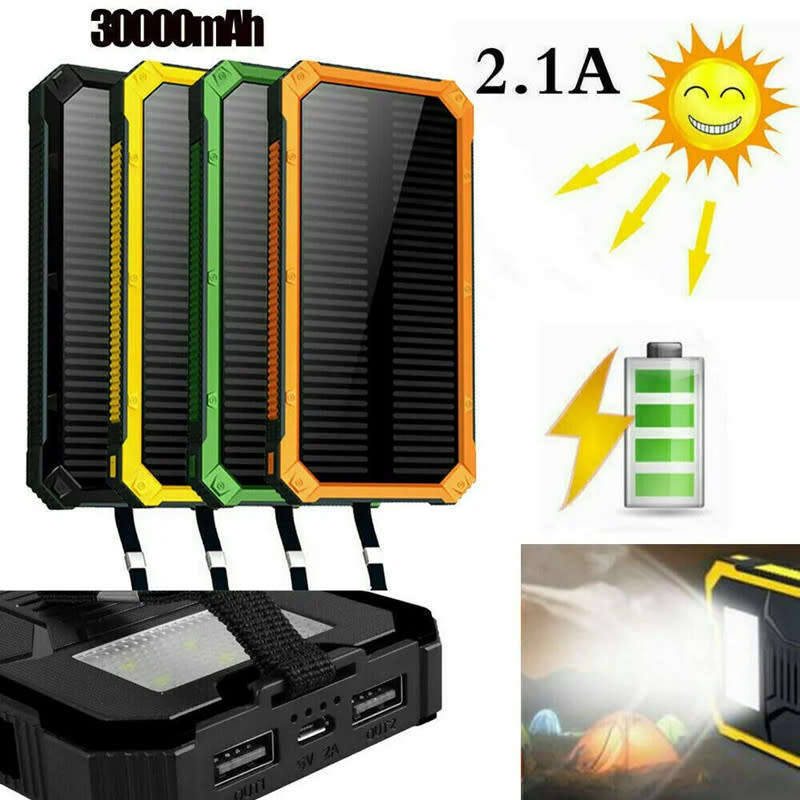 Solar Power Bank Case Waterproof Dual USB LED Battery Portable Cell Phone Charger