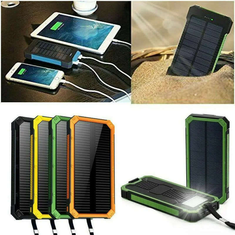 Solar Power Bank Case Waterproof Dual USB LED Battery Portable Cell Phone Charger