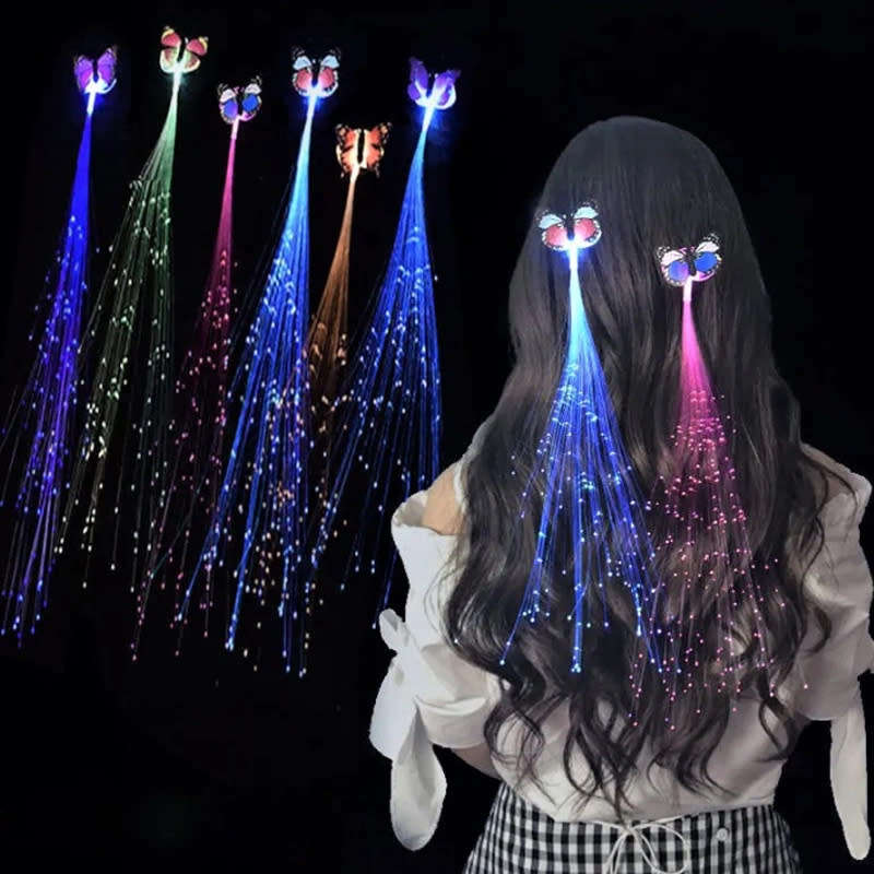 LED 1 Piece Set Of Light Up Braids Colorful Butterfly Fiber Optic Light Up Clip Hair Accessories