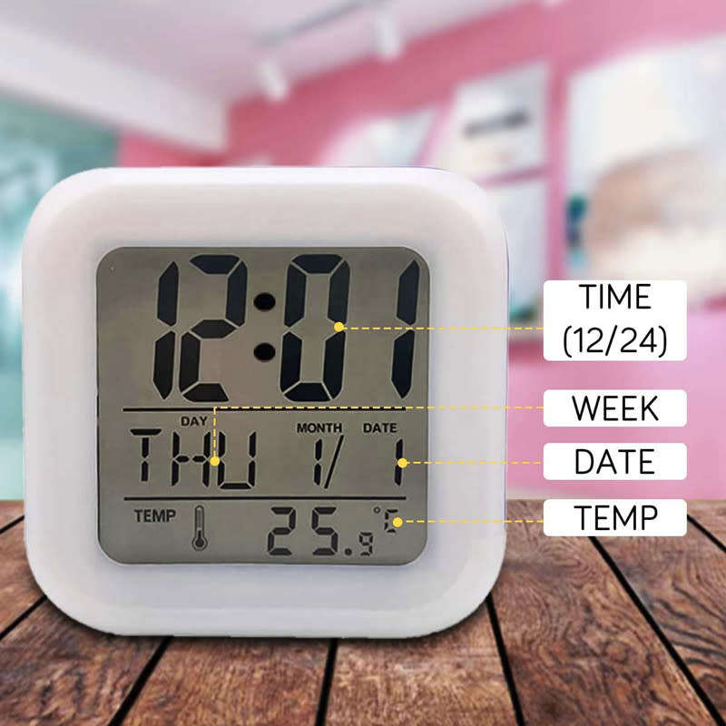 Digital Luminous Alarm Clock Colorful Lights Display Time Date Temperature