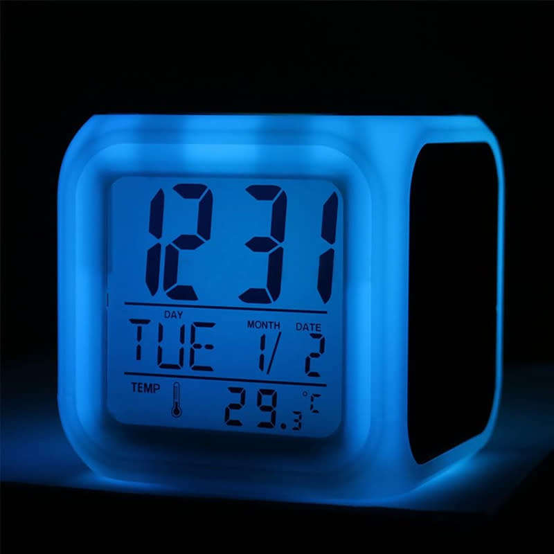 Digital Luminous Alarm Clock Colorful Lights Display Time Date Temperature
