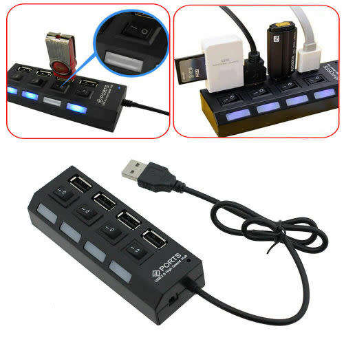 Portable 4-Port Usb 2.0 Black Hub With High-Speed Adapter On/Off Switch