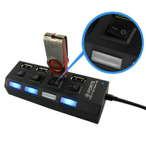 Portable 4-Port Usb 2.0 Black Hub With High-Speed Adapter On/Off Switch