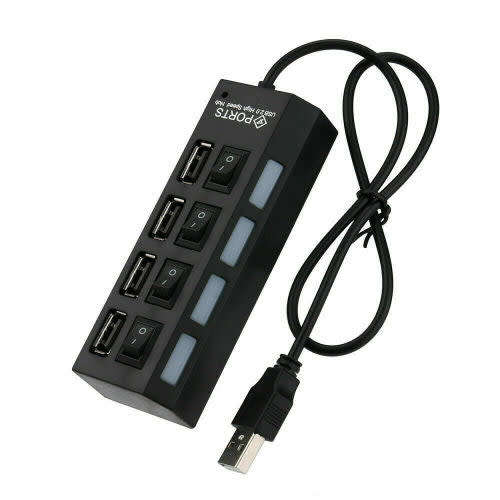 Portable 4-Port Usb 2.0 Black Hub With High-Speed Adapter On/Off Switch
