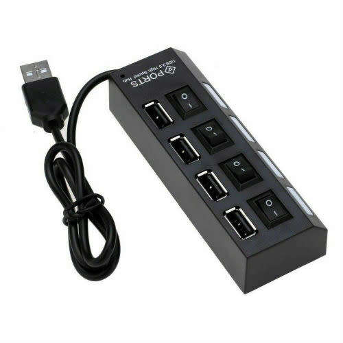 Portable 4-Port Usb 2.0 Black Hub With High-Speed Adapter On/Off Switch