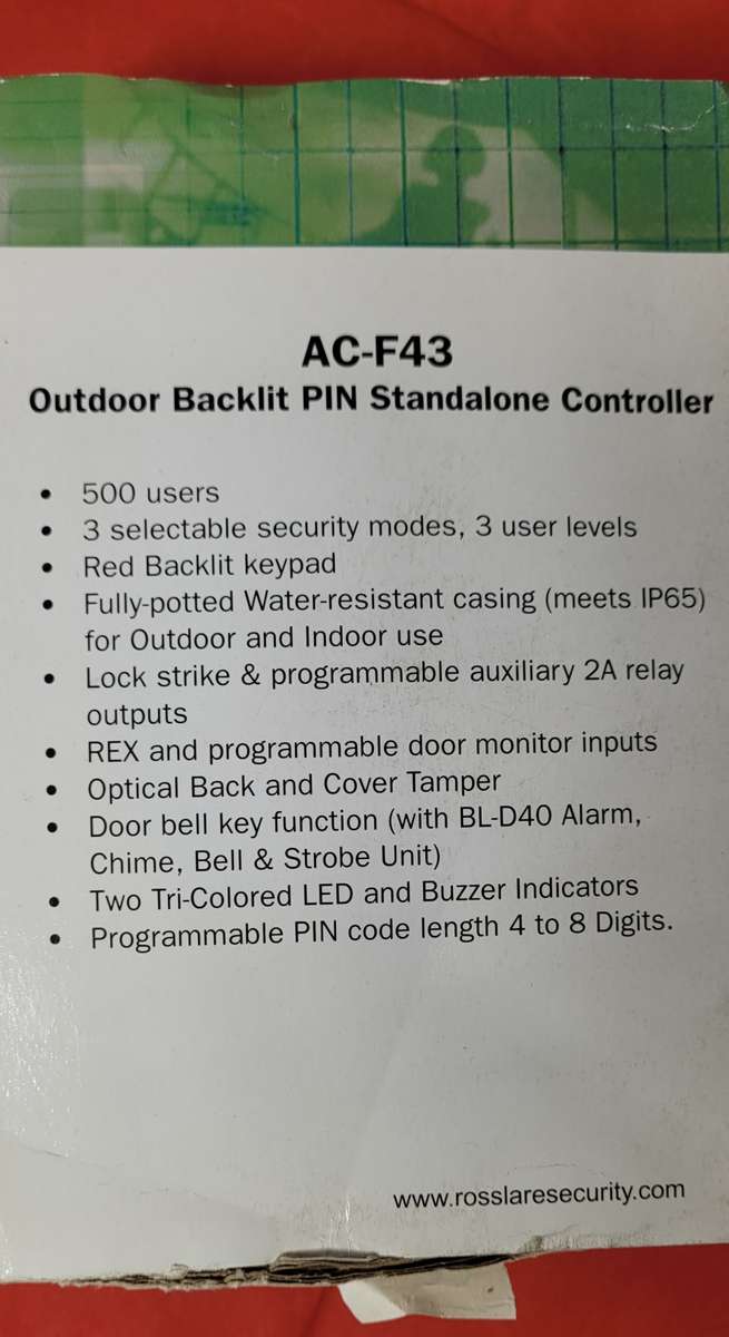 Rosslare 500-Users Water-Resistant Outdoor Backlit PIN Standalone Controller (AC-F43)