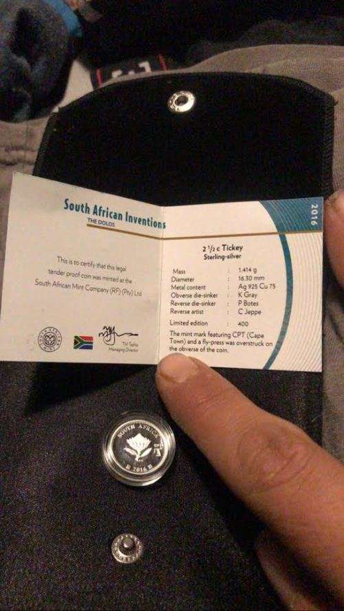Ultra Rare 2016 Dolos flypress Tickey mintmark `CPT` 2.5c silver coin with Cape Town Cetrificate
