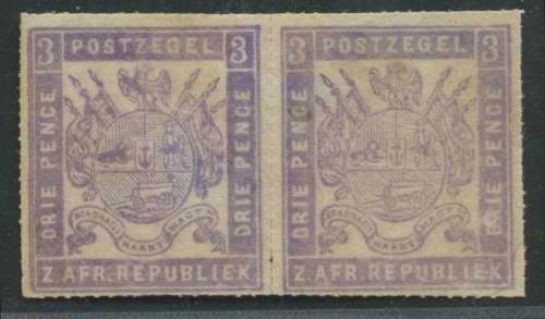 Transvaal. 3d Grey Lilac pair. NG. Scarce multiple