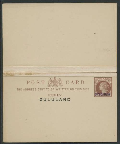 Zululand. REPLY Post Card overprinted SPECIMEN in Violet. SCARCE.