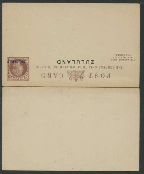 Zululand. REPLY Post Card overprinted SPECIMEN in Violet. SCARCE.