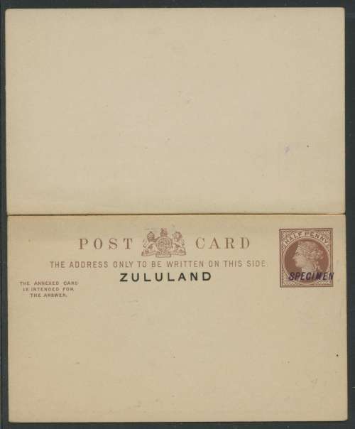Zululand. REPLY Post Card overprinted SPECIMEN in Violet. SCARCE.