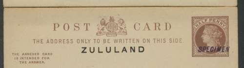 Zululand. REPLY Post Card overprinted SPECIMEN in Violet. SCARCE.