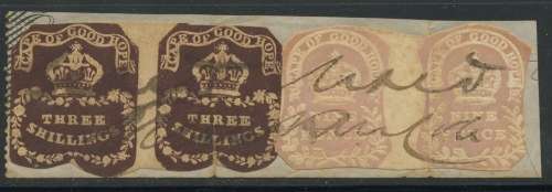 Cape of Good Hope. Revenue. Pair of 3/- and pair 9d on piece. Scarce.