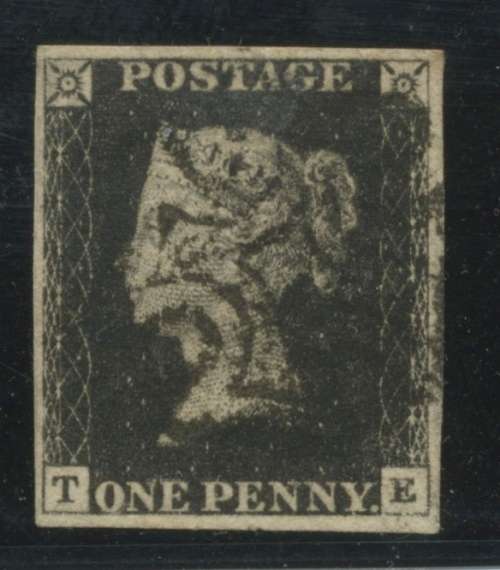 GB 1d Intense Black . TE.  SG 1. Cat: £525.00 (Black Maltese Cross)  Very Fine.