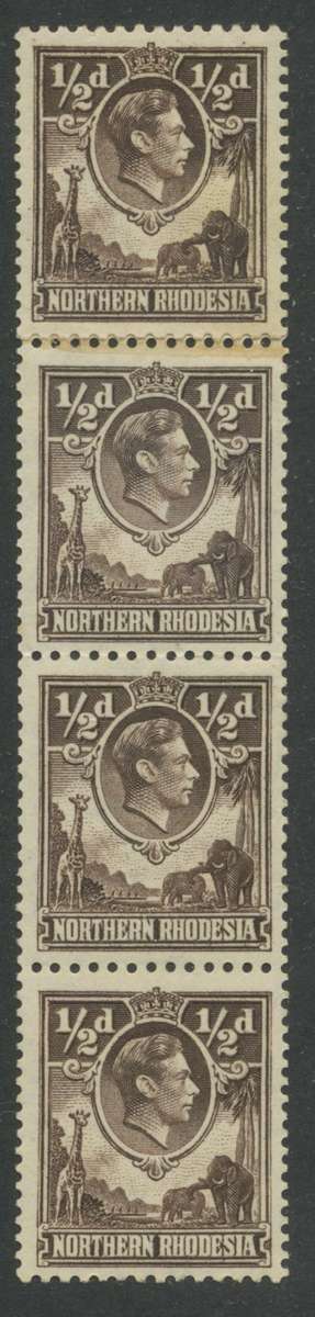 Northern Rhodesia KG VI Umm 1/2d Coil strip of 4, Top 2 stamps showing join. Scarce