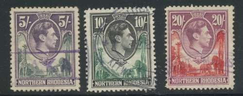 Northern Rhodesia. KG VI 1938 issue. 5/-, 10/- and £ Fiscal usage