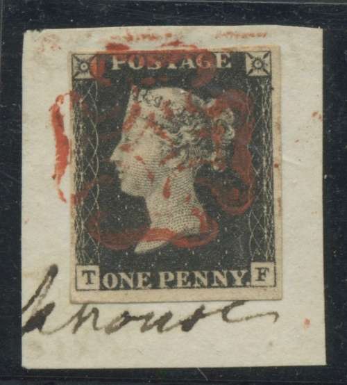 GB 1d Black on piece. 4 Margins and clear Maltese Cross cancel