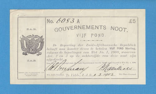 Te Velde £5 Bank Note 1 May 1902 - RARE