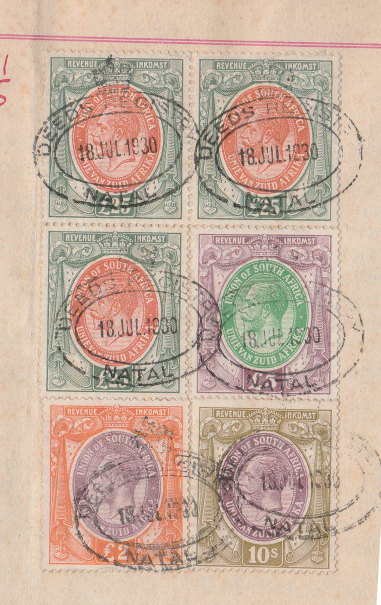 Union of South Africa 1913 KG V £25 x 3, £5, £2, 10s on complete Mortgage Bond. RARE