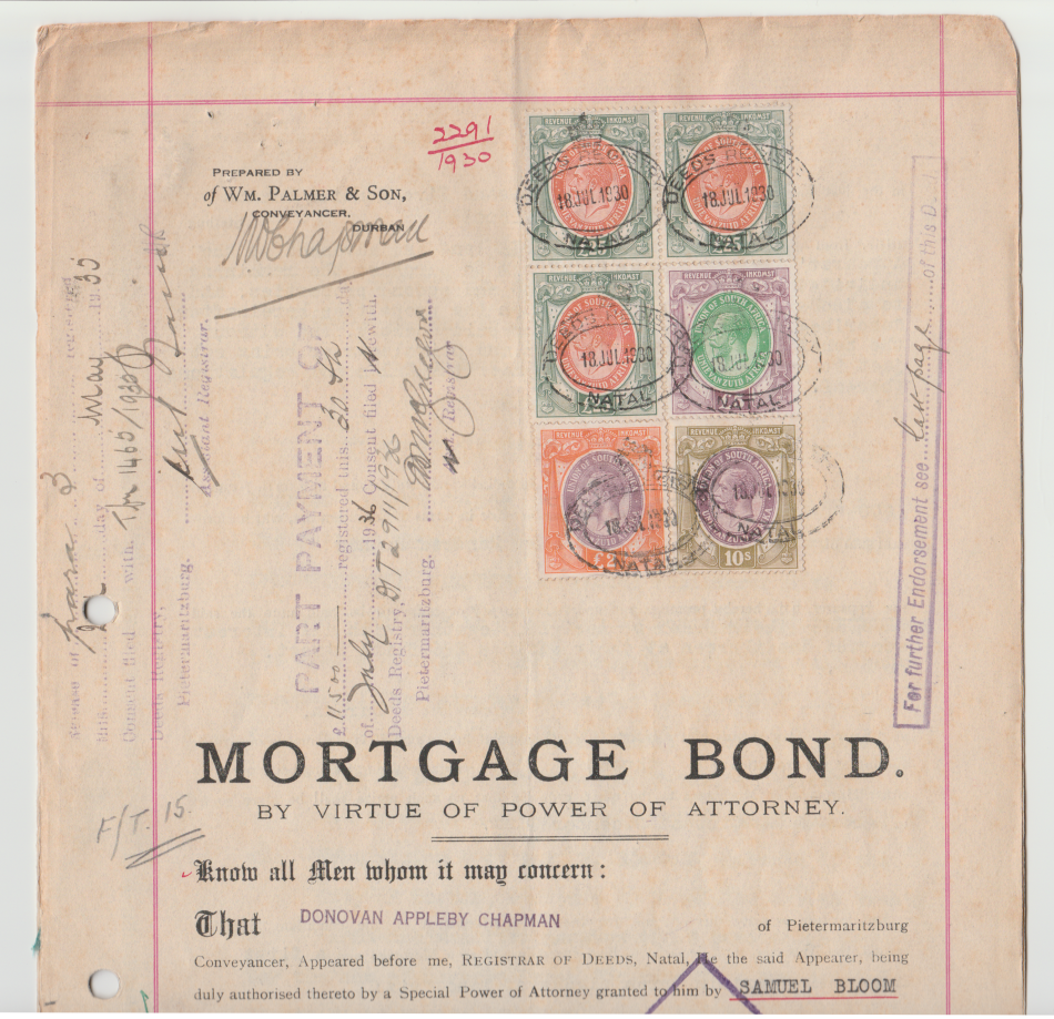 Union of South Africa 1913 KG V £25 x 3, £5, £2, 10s on complete Mortgage Bond. RARE