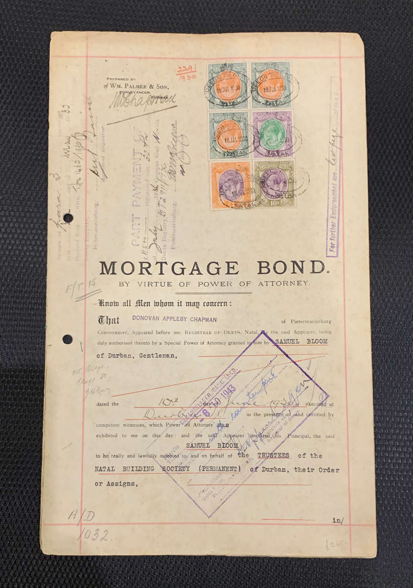 Union of South Africa 1913 KG V £25 x 3, £5, £2, 10s on complete Mortgage Bond. RARE