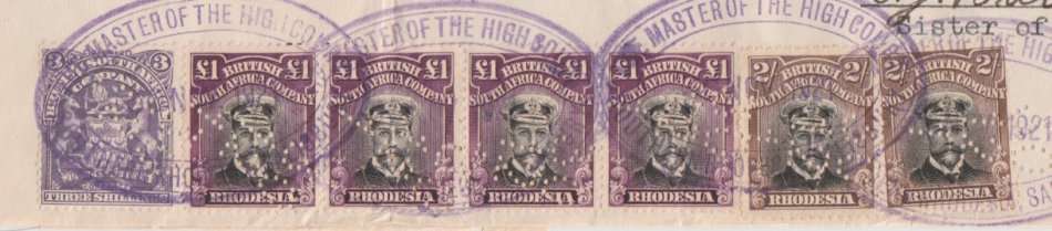 4 x Admiral £1, black and magenta, 2 x 2/ black & brown, 1 x 3/ BSAC Rhodesia KEVII on document