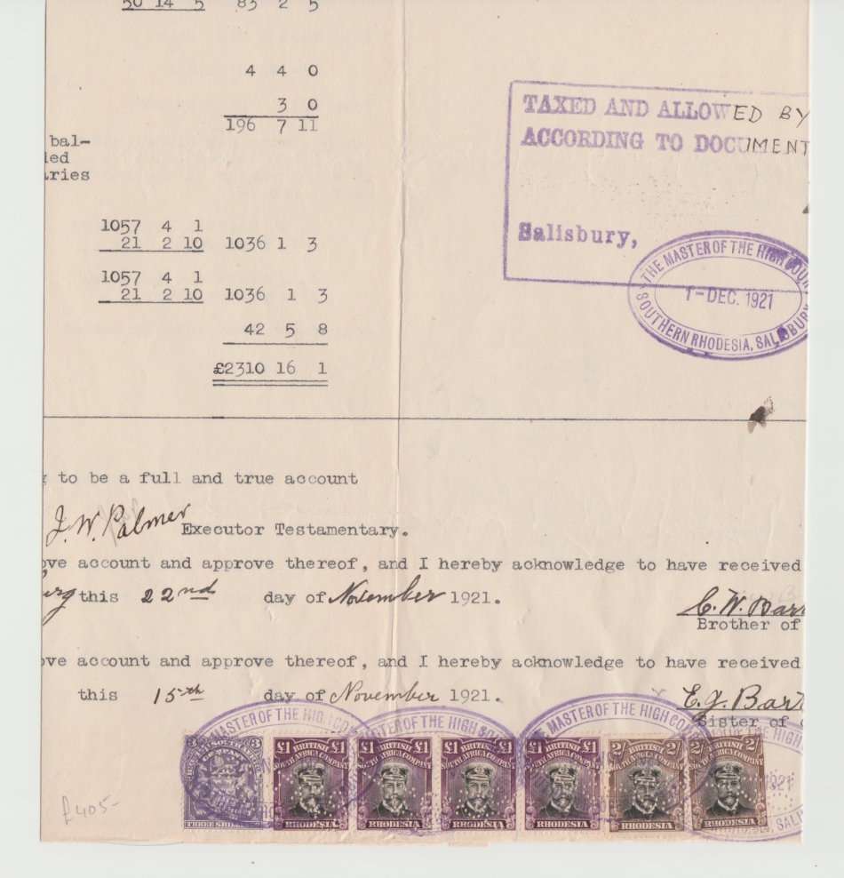 4 x Admiral £1, black and magenta, 2 x 2/ black & brown, 1 x 3/ BSAC Rhodesia KEVII on document