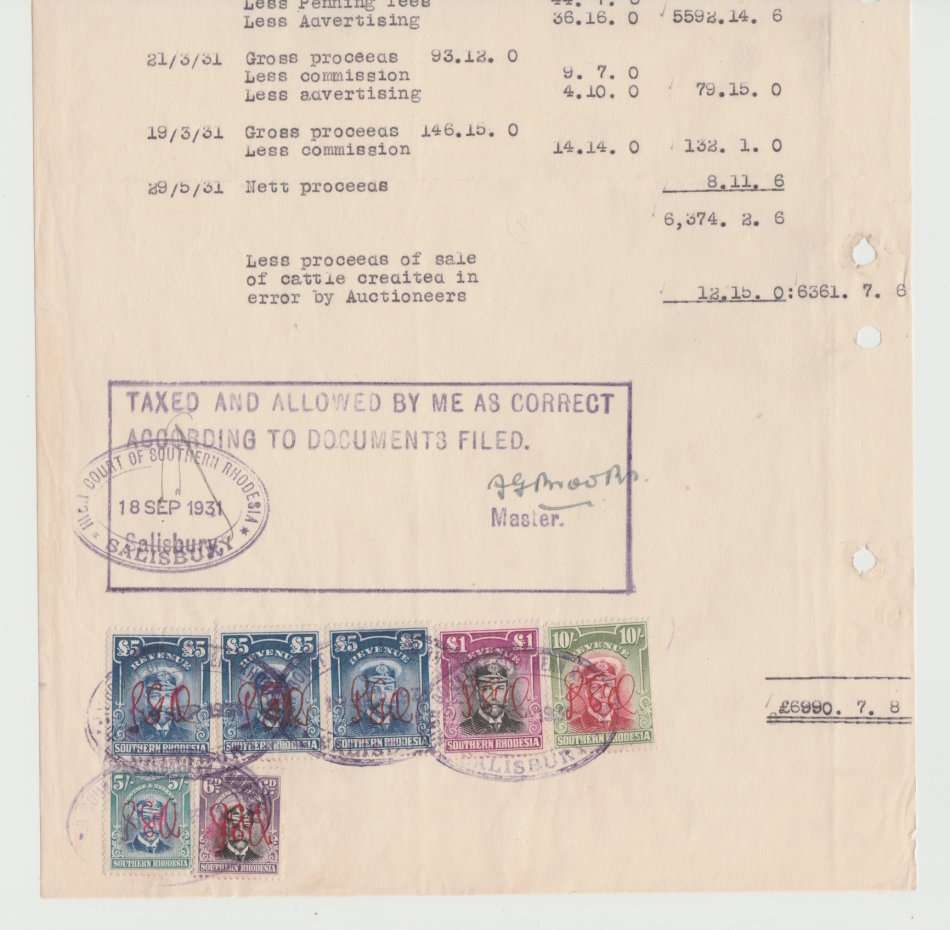 3 x Admiral £5,  £1 black and magenta,  10/ carmine & green, 5/ blue - green and 6d mauve.