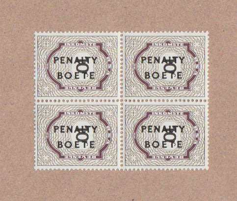 PENALTY STAMP. Block of 4, Union of South Africa, 10c overprinted Penalty/Boete. UMM