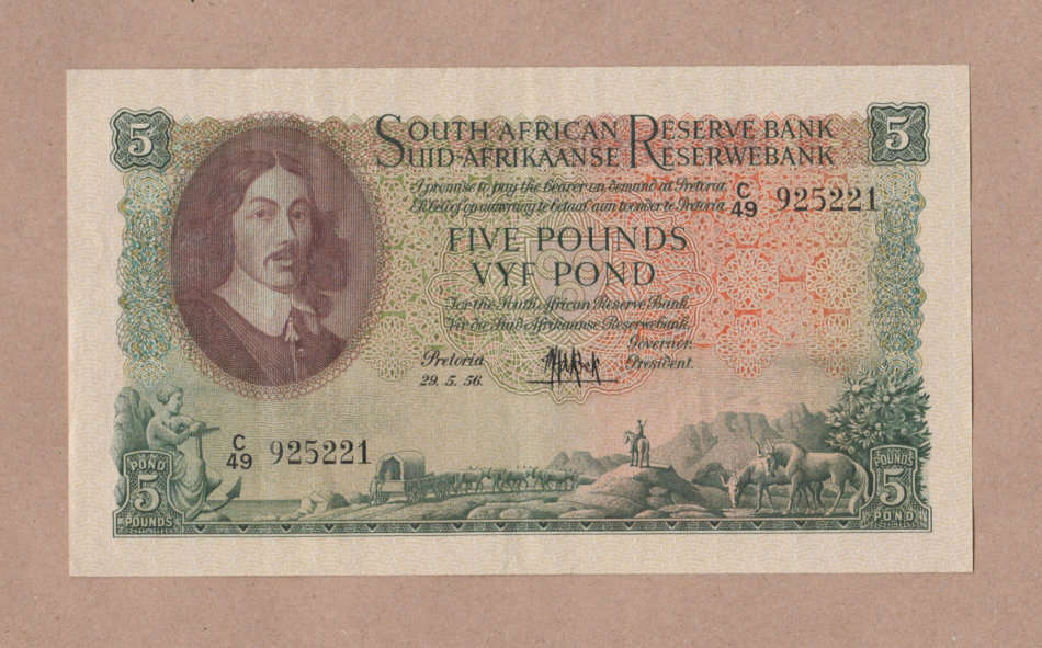 £5 South Africa banknote, MH de Kock 29.5.56 Superb condition