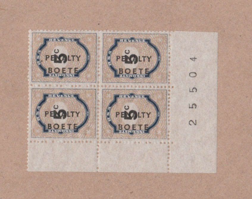 PENALTY STAMP. Corner Block of 4, Union of South Africa, 5c overprinted Penalty/Boete. UMM