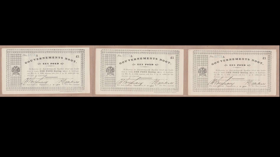 £1 Gouvernement Noots Pietersburg x 3 with sequential serial numbers, 1.4.1901. Superb condition
