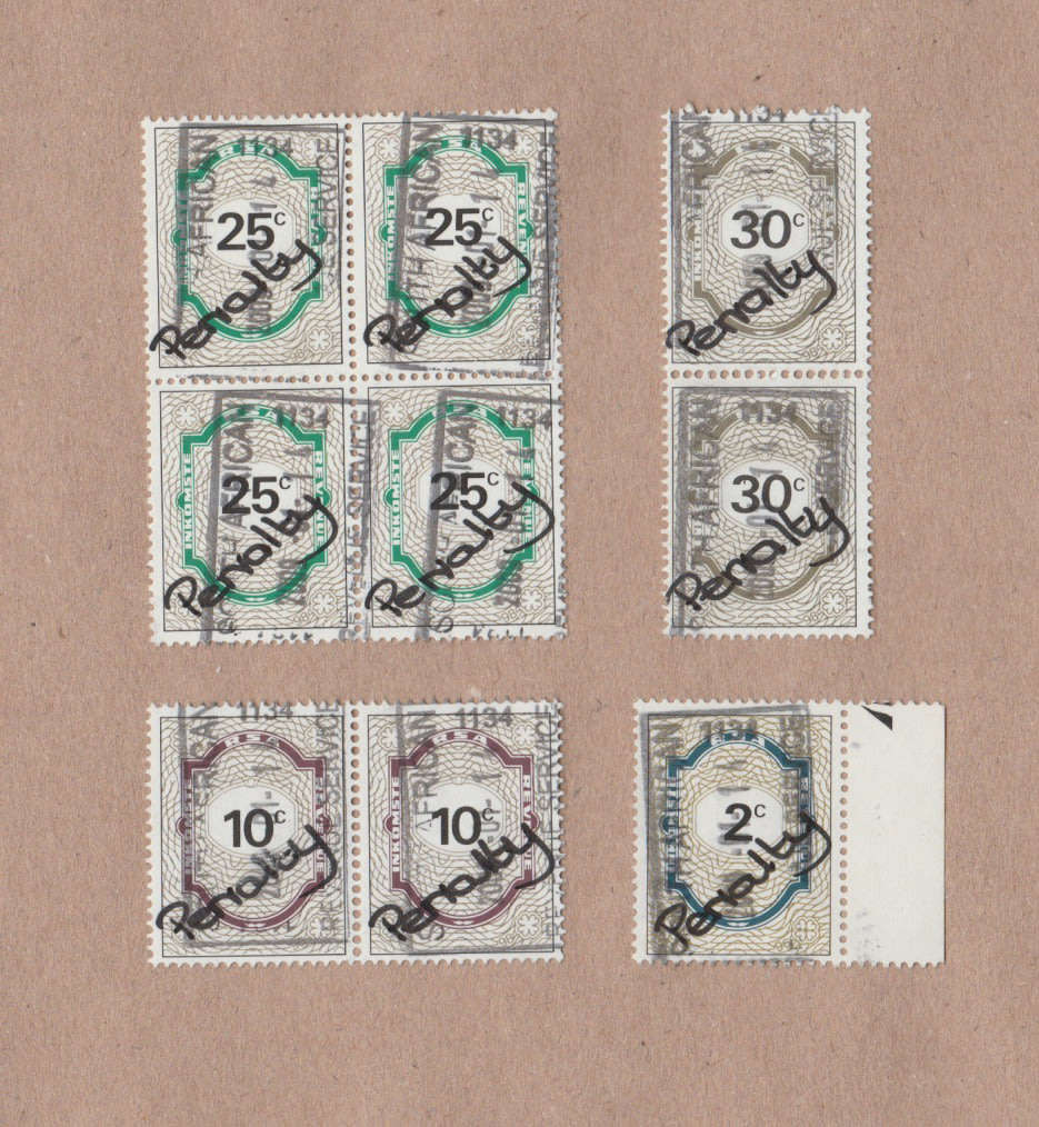 PENALTY STAMPS. Hand cancelled collection of 2c, pair 10c, block of 4 25c, pair 30c.