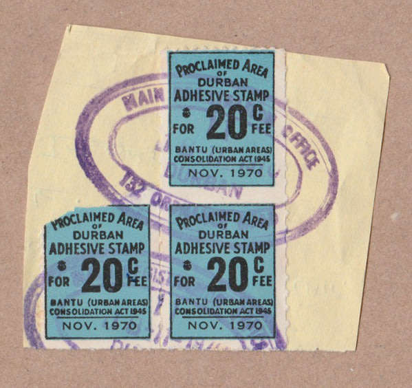 1960's Durban Native Tax block of 3 x 20c unlisted in Barefoot, Scarce.