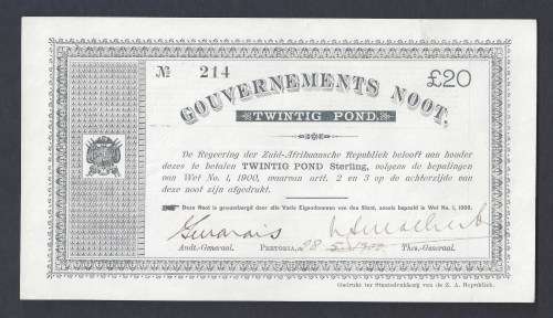 Zuid Afrikaansche Republiek. Anglo Boer War Issue. Pretoria £20 issue. 28.5.1900
