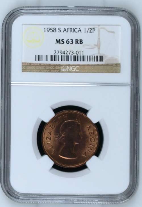 1958 South Africa 1/2P NGC graded MS63RB