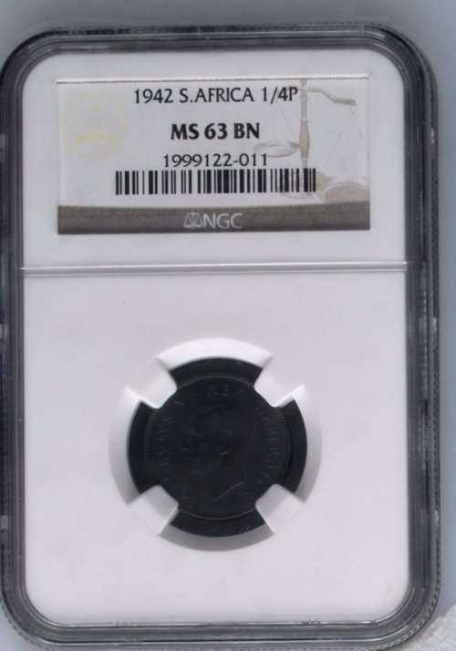 1942 South Africa 1/4P NGC graded MS63BN