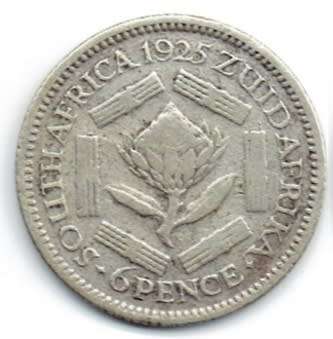 !! R1 START !!  Union of South Africa, SILVER Sixpence (6d) of 1925