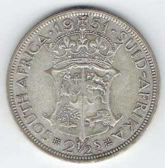 !! R1 START !! Union of South Africa, SILVER Half-Crown (2/6-) of 1951