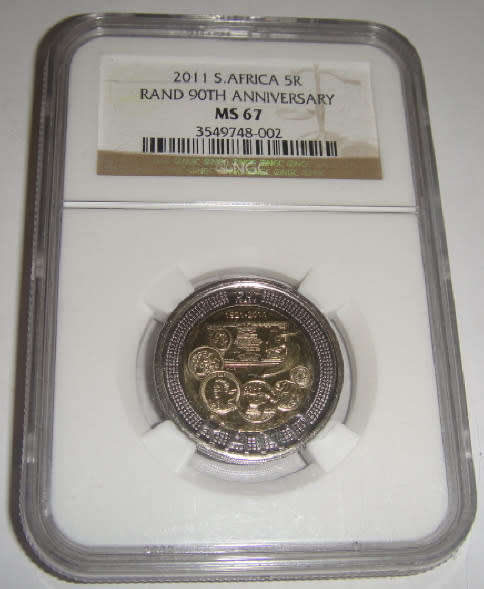 !! R1 START!!  2011 Five Rand Commemorating 90th year of the SA Reserve Bank (NGC MS67)