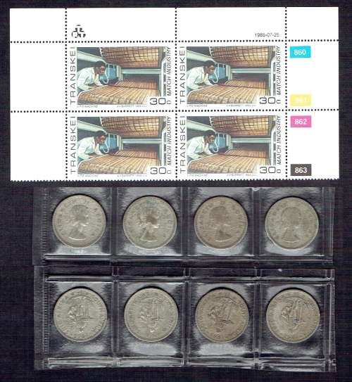 !! R1 START!! 30c Control Block of Transkei plus 4 x SILVER  Shillings. (3 x 1955 and 1 x 1956)