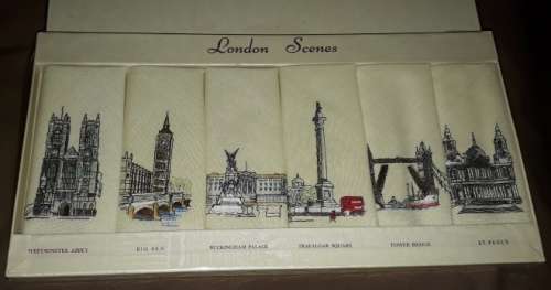 Vintage Sundew Embroidered Linen Tea Napkins: Scenes  Of London (never used)