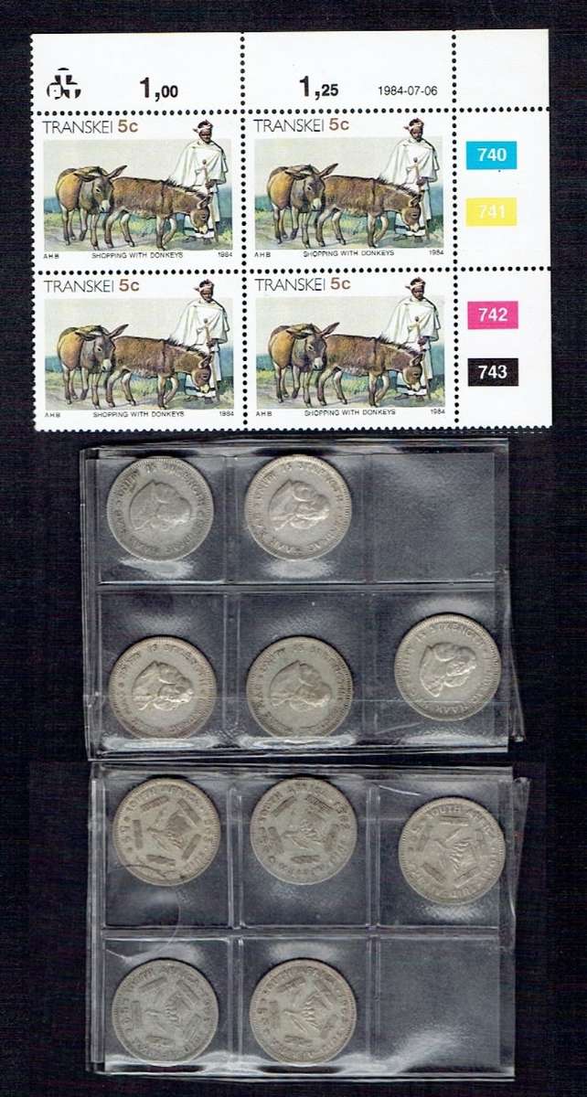 !! R1 START!! 5c Control Block of Transkei plus 5 x SILVER 5c pieces (2 of 1962 and 3 of 1963)