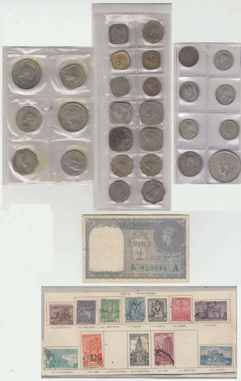Collection of Silver and other Coins from India plus Stamps and Banknote