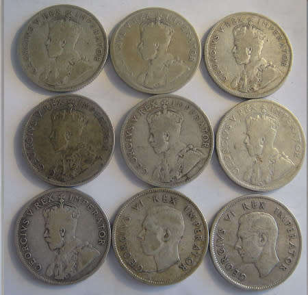 Collection of Nine South African Silver Two-Shillings (1923-1943)