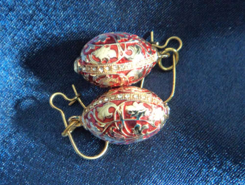 Costume jewellery: Replicas: Red and Gold Mini Faberge Egg  Earrings from St Petersburg