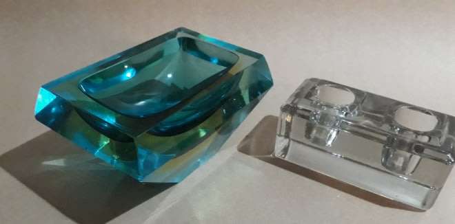 Beautiful Glass Items: Aquamarine Facetted Bowl and Glass Candle Holder