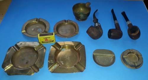 !!R1 START!! Collection of Pipes and 7 Retro and Antique Brass Ashtrays