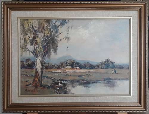 Landscape with Bluegum Tree by renowned SA artist Pierre de Villiers (1921-2007)  oil on board