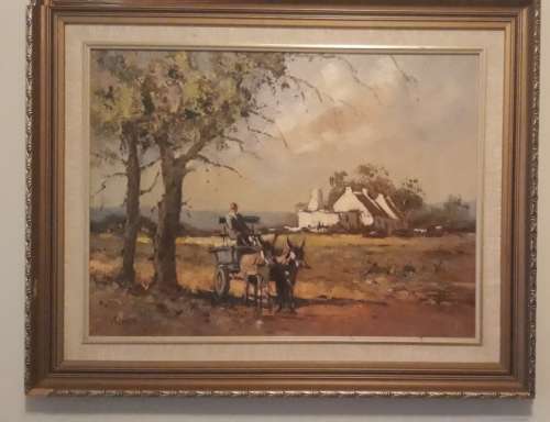 Oil Painting: Farm Scenery with Cottage, Donkey Cart by Renowned SA Artist Pierre De Villiers